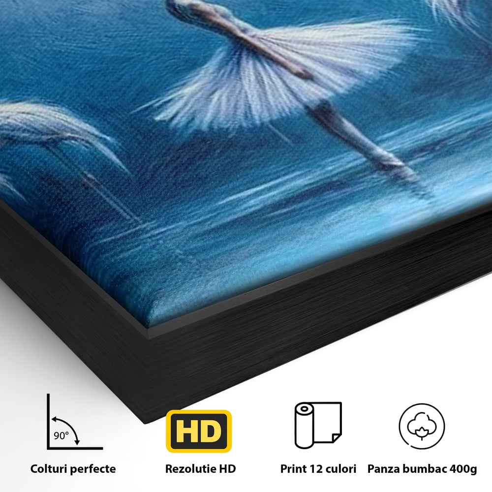 Detaliu al suprafetei: tablou canvas cu balerina si flamingo, in rama de aluminiu negru